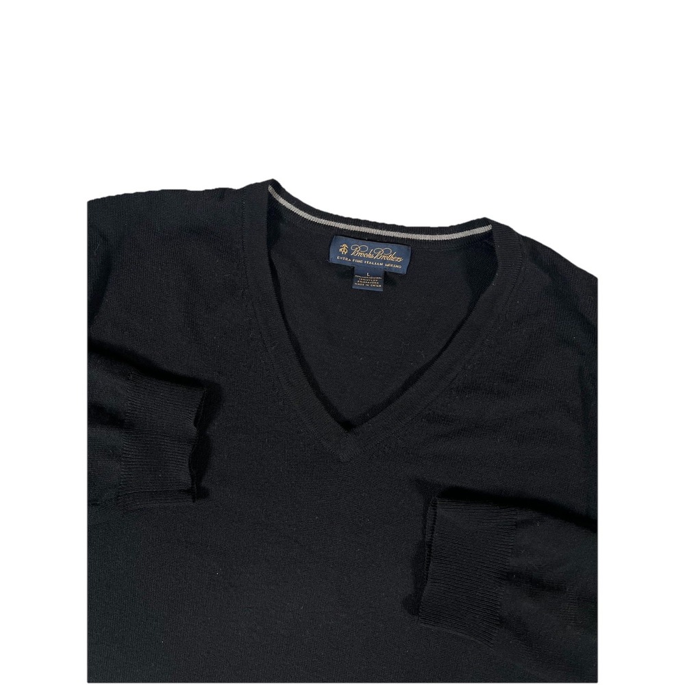 Brooks Brothers Black Extra Fine Merino Wool V-Neck Pullover Sweater Men's Large